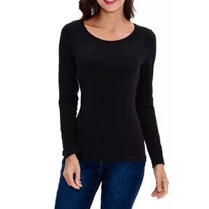 May include: A black long-sleeved shirt with a round neckline.