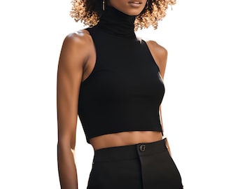 Handmade Cotton Spandex Sleeveless Turtleneck Crop Top - Custom Length