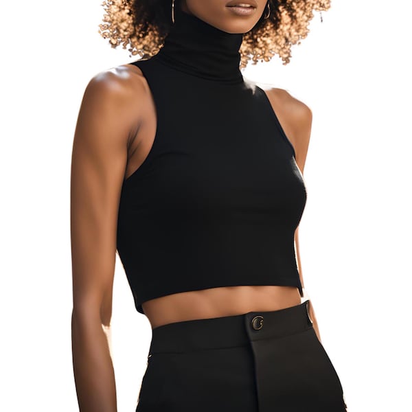 Handmade Cotton Spandex Sleeveless Turtleneck Crop Top - Custom Length