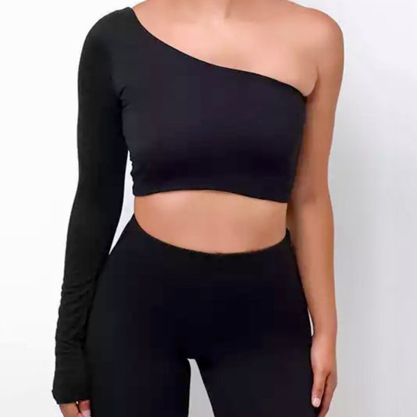 Women Cotton Activewear Set Long Sleeves One Shoulder Off  Crop Top Shorts Activewear 2 pieces