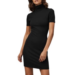 Cotton Spandex Turtleneck Mini Dress: Handmade Short Sleeve Knit