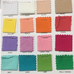 May include: Swatch card with 16 fabric samples in various colors, including white, ivory, blush, khaki, yellow, peach, orange, coral, lilac, dusty rose, candy pink, hot fuchsia, mint, jade, lime, and kelly green.