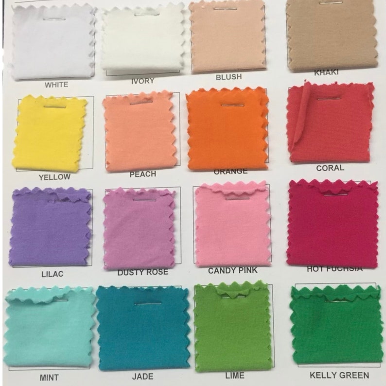 May include: Swatch card with 16 fabric samples in various colors, including white, ivory, blush, khaki, yellow, peach, orange, coral, lilac, dusty rose, candy pink, hot fuchsia, mint, jade, lime, and kelly green.