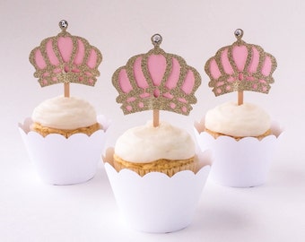 12 Princess Crown Cupcake Toppers - Gold Glitter & Light Pink Crown Toppers - Princess Party, Pink Crowns, Set of 12 - Ready to Ship