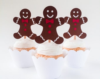 CLEARANCE - 12 Gingerbread Men Cupcake Toppers | Christmas Cupcake Toppers, Holiday Cupcake Toppers | Set of 12 - Ready to Ship