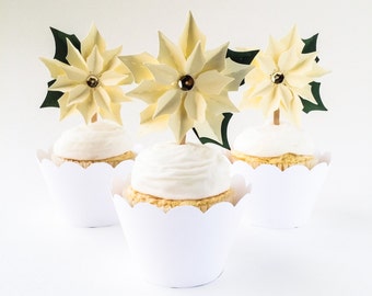 12 Poinsettia Cupcake Toppers | Ivory Flowers, Christmas Cupcake Picks, Holiday Toppers | Set of 12 - Ready to Ship