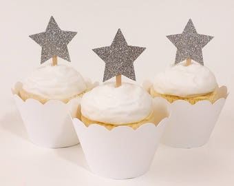 12 Silver Glitter Star Cupcake Toppers | Silver Star Food Picks, Silver Star Cupcake Topper | Ready to Ship