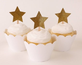 12 Gold Glitter Star Cupcake Toppers | Twinkle Twinkle Little Star, Star 1st Birthday | Set of 12 - Ready to Ship