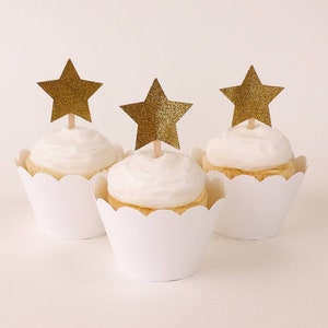 12 Gold Glitter Star Cupcake Toppers | Twinkle Twinkle Little Star, Star 1st Birthday | Set of 12 - Ready to Ship