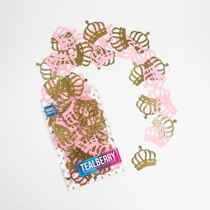 Light Pink & Gold Crown Confetti - 100 Pieces - 1 3/4&quot; Size Crowns - Paper Crown Confetti - Princess Birthday Crowns - Ready To ship