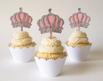 12 Princess Crown Cupcake Toppers - Silver Glitter & Light Pink Crown Toppers - Princess Party, Pink Crowns, Set of 12 - Ready to Ship