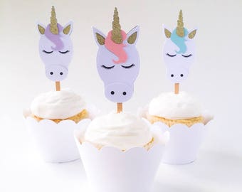 12 Unicorn Cupcake Toppers | Pastel Rainbow, Unicorn Cupcake Picks, Unicorn Birthday | Set of 12 - Ready To Ship