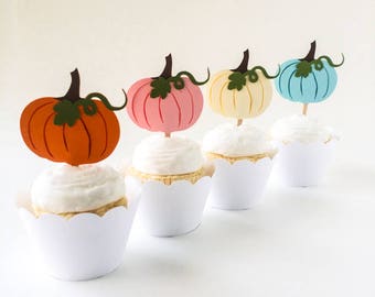 12 Pumpkin Cupcake Toppers | Orange, Light Pink, Light Blue, or Ivory, Little Pumpkin Cupcake Toppers, Fall | Set of 12 - Ready to Ship