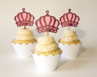 12 Princess Crown Cupcake Toppers - Pink Glitter & Light Pink Crown Toppers - Princess Party, Pink Crowns, Set of 12 - Ready to Ship