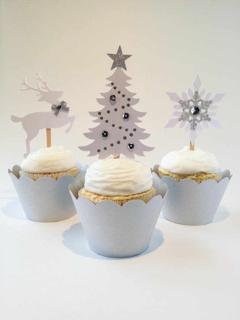 12 Christmas Tree Cupcake Toppers Pearl White/silver Etsy