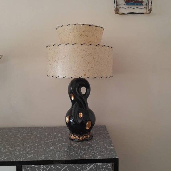 Vintage American Atomic Ceramic Abstract Lamp With 2 Tier Reproduction Fibreglass Shade. Mid Century. 1950's.