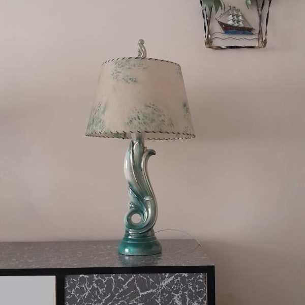 1950's American Lustreware Lamp  With Vintage Shade. Mid Century.