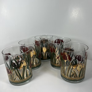 Vintage Culver Iris Flower Cinnabar Lowball Bar Glasses Set of 5, Retro Red Gold Floral/Cocktail Barware/Glassware