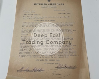 Knights of Pythias letter Jefferson lodge 55 1930 Beaumont Texas