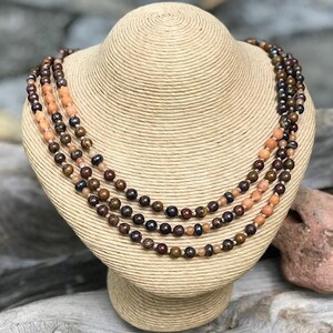 Tiger Iron and Peach Calcite Gemstone Long Wrap Necklace | Brown and Peach Long or Multi Wrap Necklace | Long Tiger Iron Boho Wrap Necklace