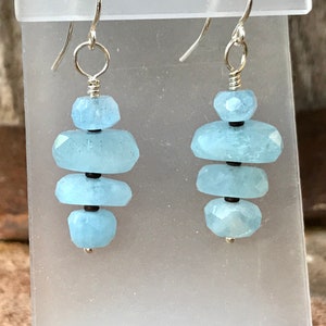 Aquamarine Dangle Earrings | Natural Aquamarine Gemstone 1 1/2 Inch Dangle Earrings | Aquamarine Faceted Rondelle Natural Gemstone Earrings