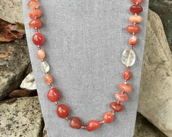 Carnelian and Citrine Gemstone Necklace | 28 Inch Orange Gemstone Necklace | Carnelian Nugget and Faceted Citrine Gemstone Necklace