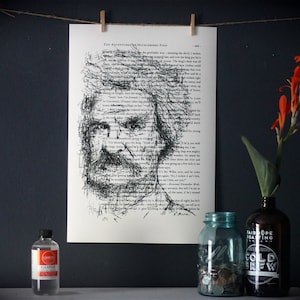 Original Mark Twain Pen and Ink Print with Text from The Adventures of Huckleberry Finn