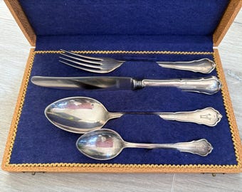 Vintage Hansa 90 Silver Plated  Flatware Set in Box Monogram A  Spoon Fork Knife Antique European Silverware Gift