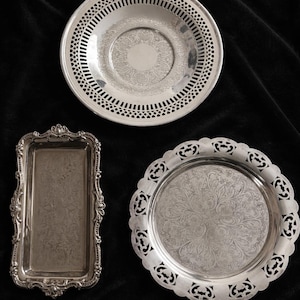 Vintage Silver Plated Tray Set, Ornate Baroque Serving Trays, Round and Rectangular Silver Plate, Elegant Table Decor