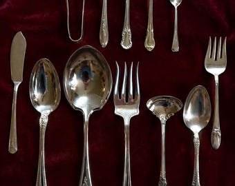 Vintage Mismatched Silverplate Flatware Collection – 12 Pieces – Ornate Serving Utensils, Forks & Spoons