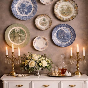 Antique Gallery Wall Plate Set, Vintage Transferware Collection, Blue Green Mismatched Plates, English Cottage Wall Decor, Luxury Farmhouse