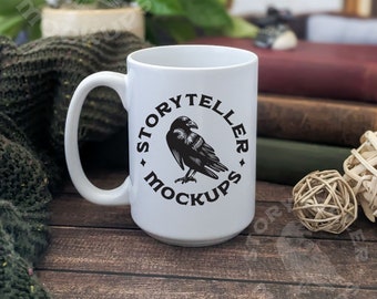 Mug Mockup | 15 oz White Mug | Coffee Mug Mock up | Styled Photography Stock Photo | Rustic Background, Cozy, Antiques, Coffee Cup, Books