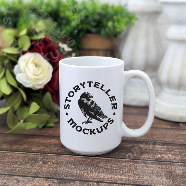 Mug Mockup | 15 oz White Mug | Coffee Mug Mock up | styled photography | Rustic, Cottage Farmhouse Aesthetic, Cottagecore, Roses, POD Mockup