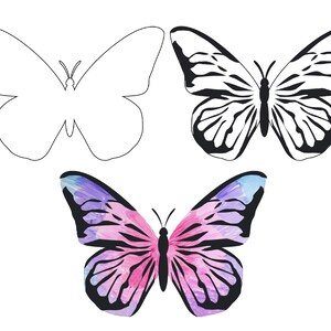 May include: Three butterfly illustrations, one in black outline, one in black with white stripes, and one in watercolor with pink and purple hues.