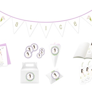 Pacote de festa de primeira comunhão - menina - banner de festa, cartões comemorativos, etiquetas, marcadores - decoração de festa - PDF, SVG - download direto