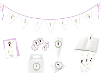 May include: A collection of party supplies with a floral theme. Includes a banner spelling "ALICE", stickers, a card, a favor box, a cone, a pillow box, and bookmarks. The illustrations feature a woman in a white dress.