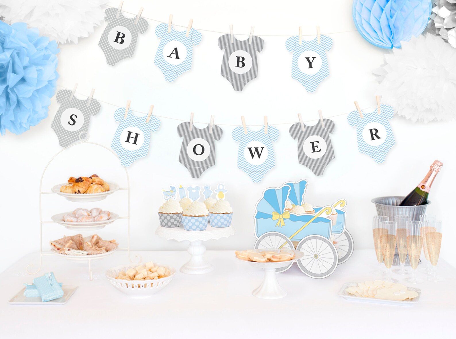 Baby Shower Bunting - Banner Printable Blue &amp; Grey - Baby Shower ...