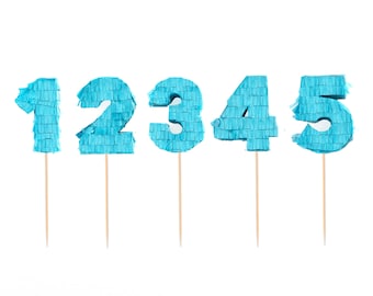 May include: Five blue paper mache numbers, 1 through 5, on wooden skewers. The numbers are made of fringed tissue paper and are perfect for a birthday party or celebration.