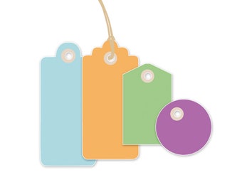 May include: Four blank gift tags with eyelets. The tags are in different colors: light blue, orange, green, and purple. The tags are hanging from a string.