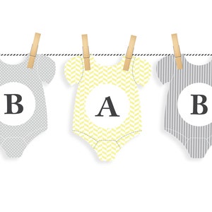 Baby Shower Bunting - Banner Printable Yellow & Grey - Baby Shower Garland - &#39;Onesie Bunting&#39; - PDF, SVG, DXF - Direct Download - Cut files