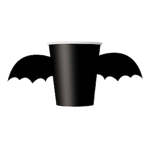 May include: Black paper cup with black bat wings attached to the sides. The cup is a party supply for Halloween.