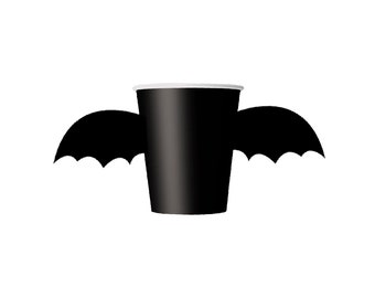 May include: Black paper cup with black bat wings attached to the sides. The cup is a party supply for Halloween.