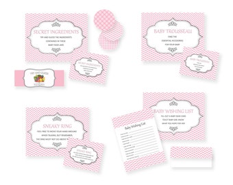 Baby Shower Games Set - Baby Shower Party Printables Girl-  Labels, Posters & Tutorial - PDF, SVG - direct download - cutting files - Pink