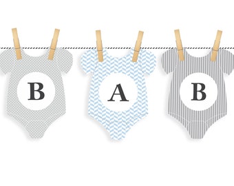Baby Shower Bunting - Banner Printable Blue & Grey - Baby Shower Garland - 'Onesie Bunting' - PDF, SVG, DXF - Direct Download - Cut files