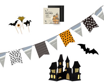 May include: Halloween party decorations including a black and white eye patterned banner, a black and white striped banner, a black and orange bat banner, a silver banner, a black bat, a black cat, a spider web, and a black silhouette of a haunted house.