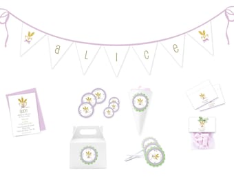 May include: A set of party decorations for a baby shower or christening. The decorations include a banner with the name "Alice", a box, a cone, and several stickers with a floral design. The decorations are in shades of purple, green, and gold.