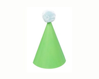 May include: A lime green party hat with a light blue pom-pom on top. The cone-shaped hat is made of a shiny material and is isolated on a white background. This festive accessory is perfect for birthdays and celebrations.