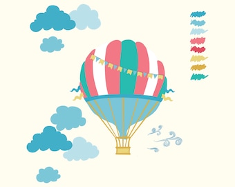 May include: A pink and teal hot air balloon with white stripes and a blue basket. The balloon has a string of colorful flags attached to it. The balloon is flying in a light blue sky with white clouds.