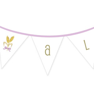 May include: A white bunting with a pink ribbon and gold letters spelling "AL" with a wheat sheaf design on the leftmost flag.