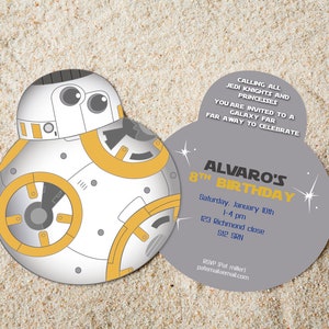 May include: A gray and white invitation card shaped like a droid with a yellow accent. The card reads "Calling all Jedi Knights and Princesses. You are invited to a galaxy far far away to celebrate Alvaro's 8th Birthday. Saturday, January 10th, 1-4 pm, 123 Richmond close, S12 SRN. RSVP (Pat miller) patemailsemall.com"